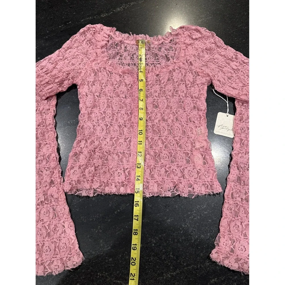 Free People FP One Madison Lace Top Pink Sheer Smocked Bell Sleeve XS‎ NWT